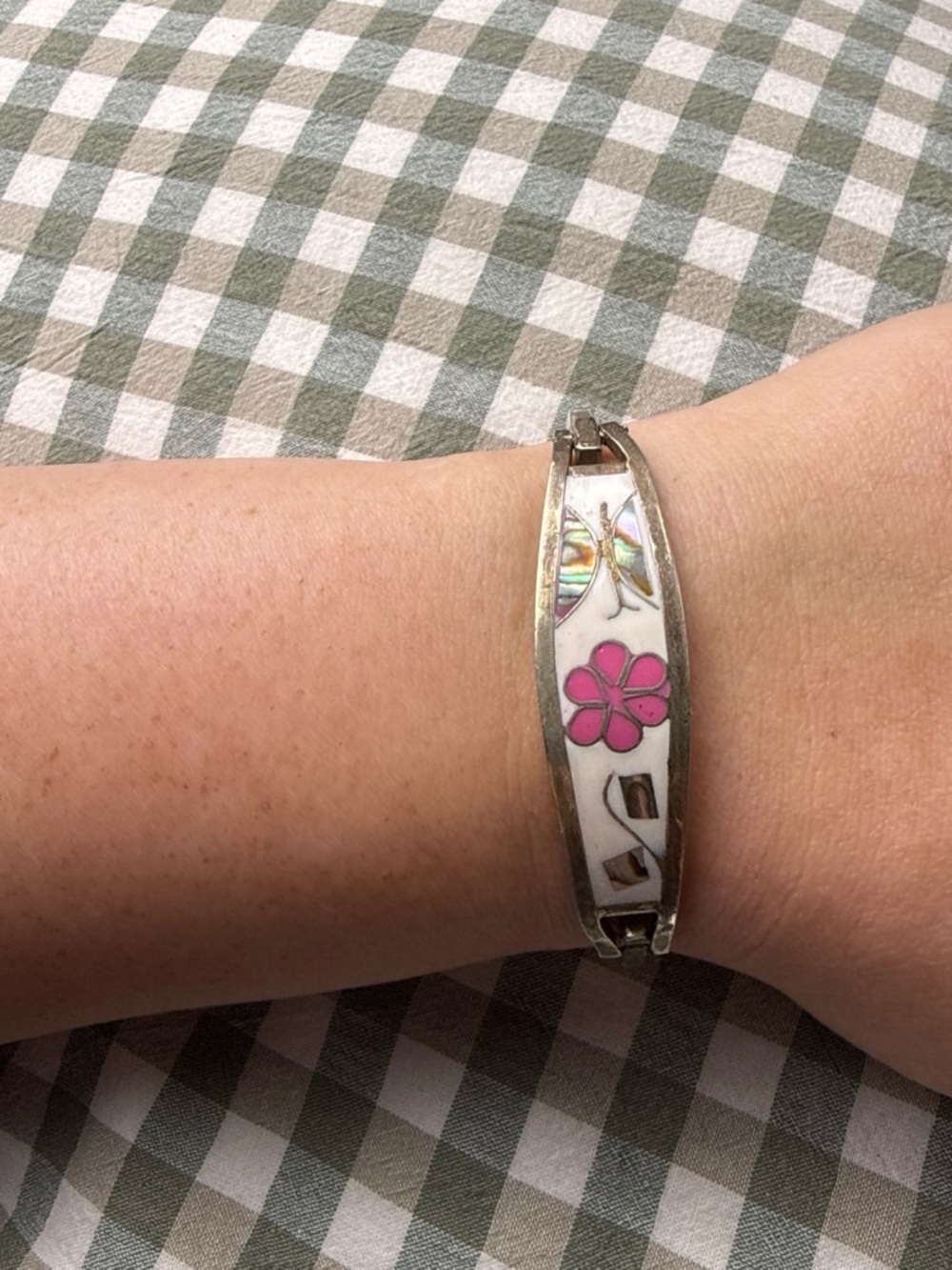 Silver-Tone White Enamel Bracelet with Pink Flower Accent
